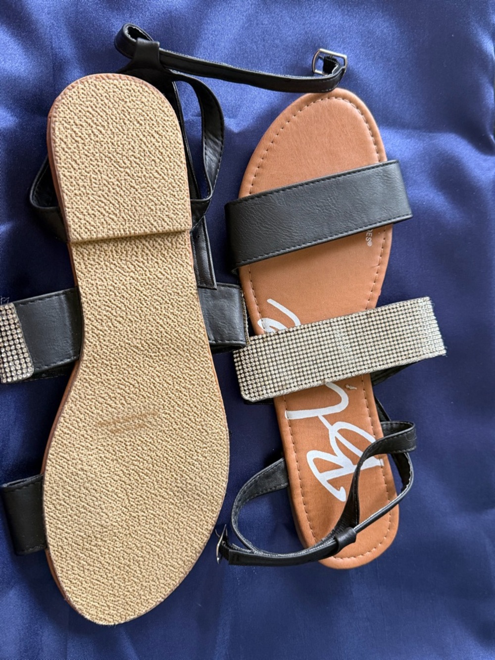 Black Strappy Women's Sandals with Rhinestone Accent